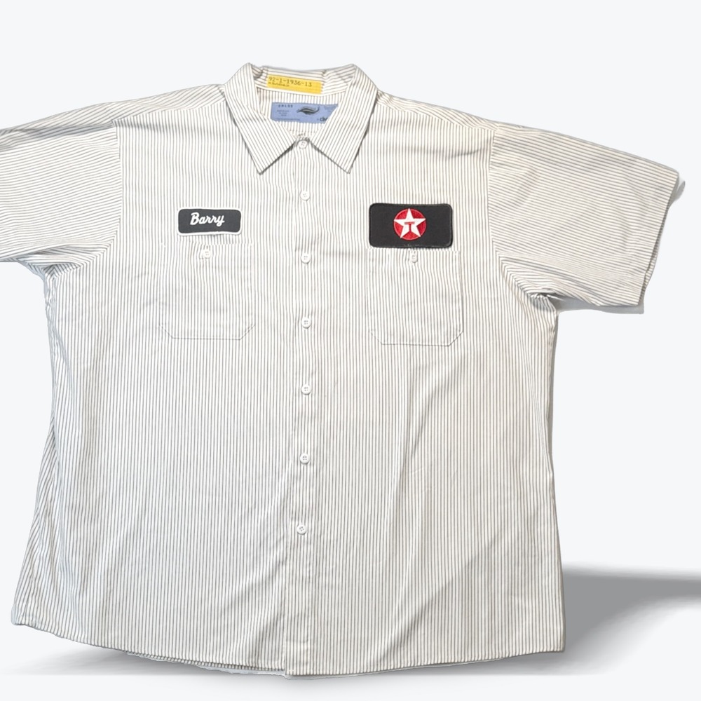 Vintage Texaco Work Shirt Service Employee White Pinstripe Patches 1990s 2XL